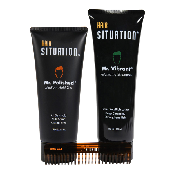 Mr. Polished Medium Hold Gel, Mr. Vibrant Volumizing Shampoo & Pocket size Comb