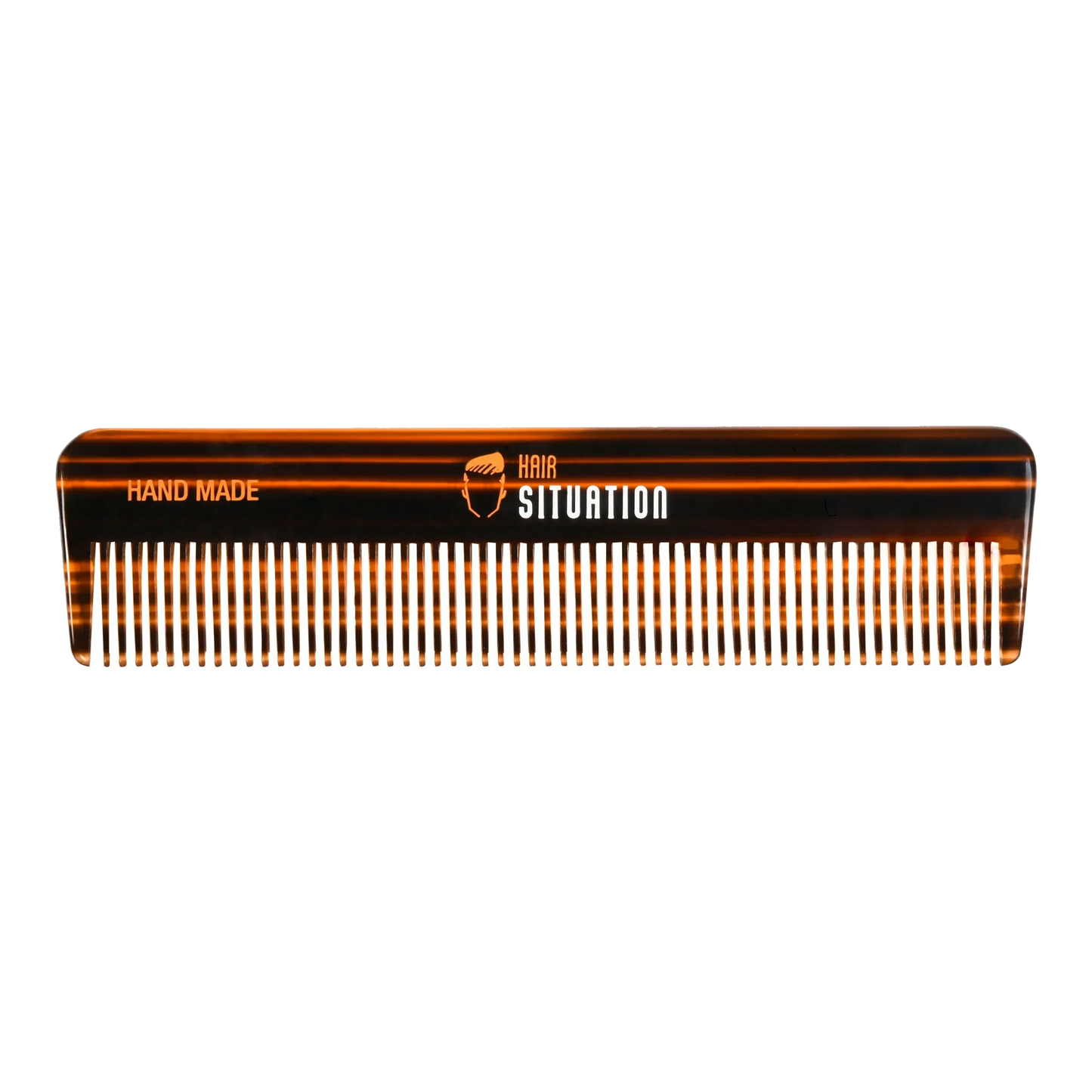 Small brown handmade hair comb with fine teeth and Hair Situation logo on clear background