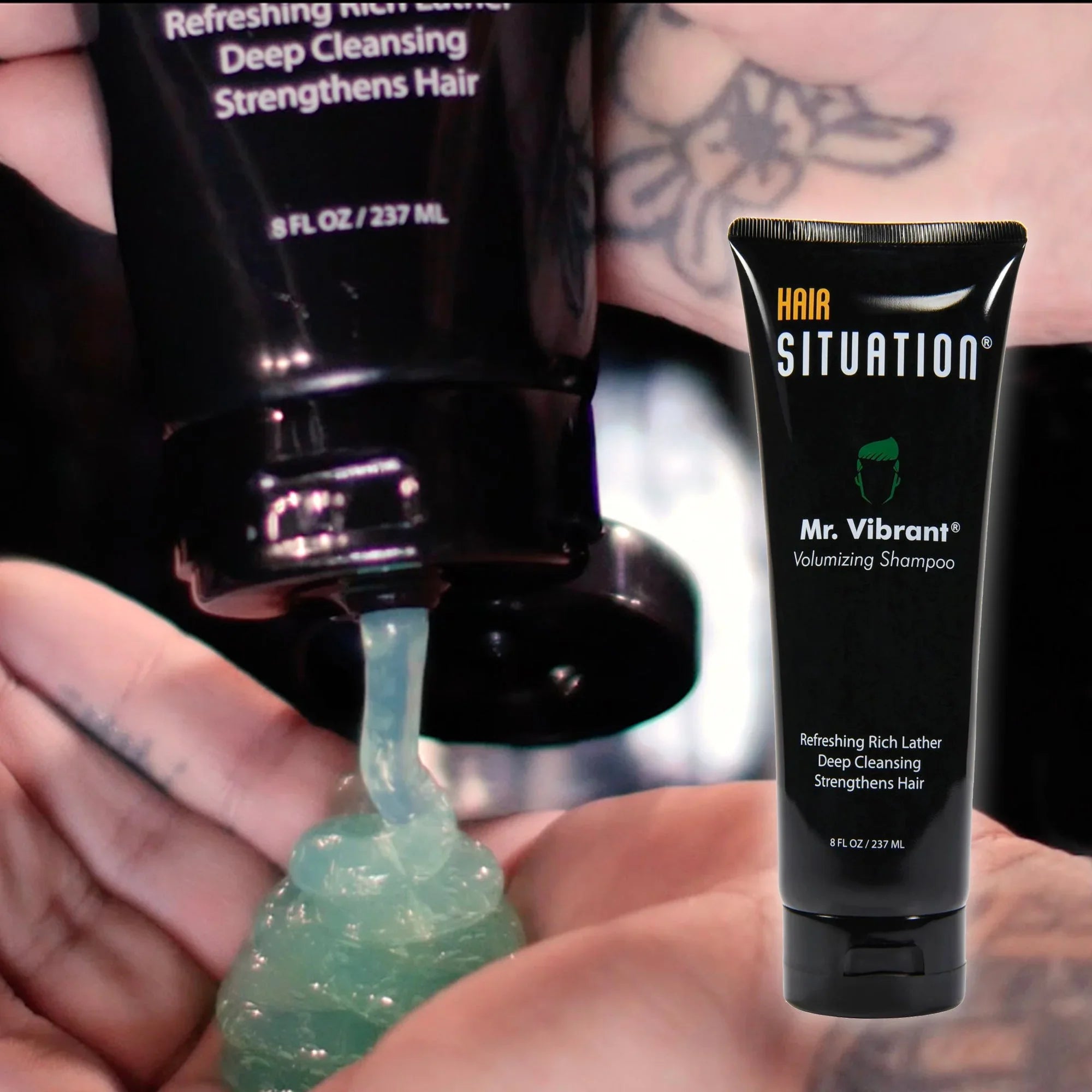 Hair Situation volumizing shampoo for men Mr. Vibrant bottle squeeze showing thick formula
