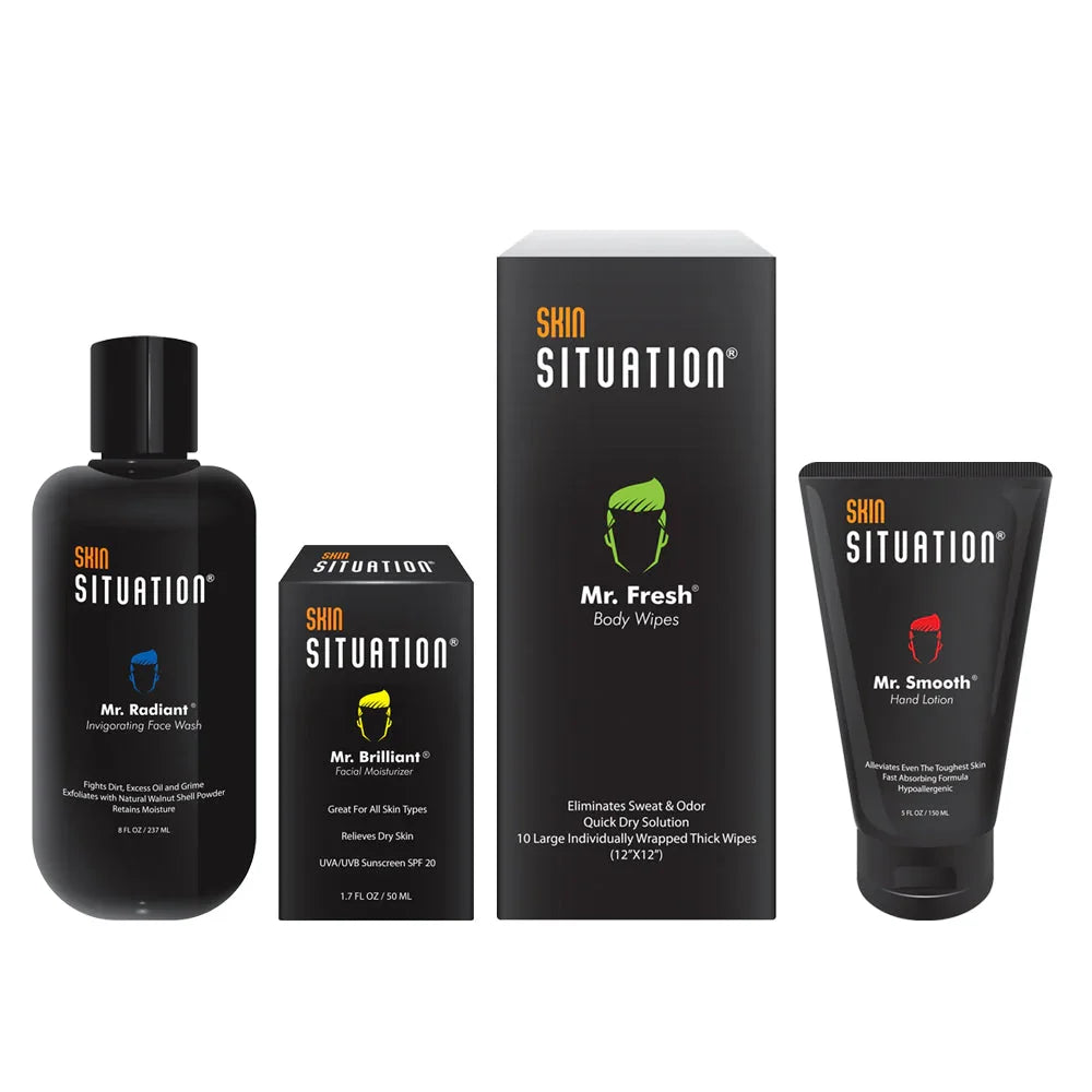 Skin Situation men's skin care products collection including face wash facial moisturizer hand lotion and body wipes
