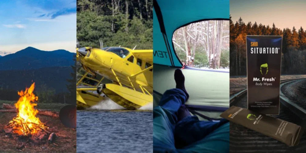 Outdoor adventure scenes with campfire, seaplane, tent view, and SHN Situation Mr. Fresh body wipes.