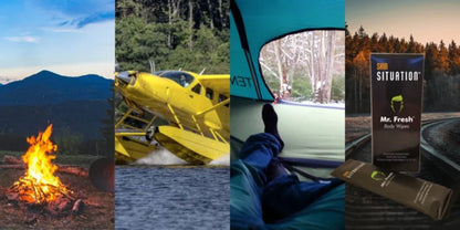 Outdoor adventure scenes with campfire, seaplane, tent view, and SHN Situation Mr. Fresh body wipes.