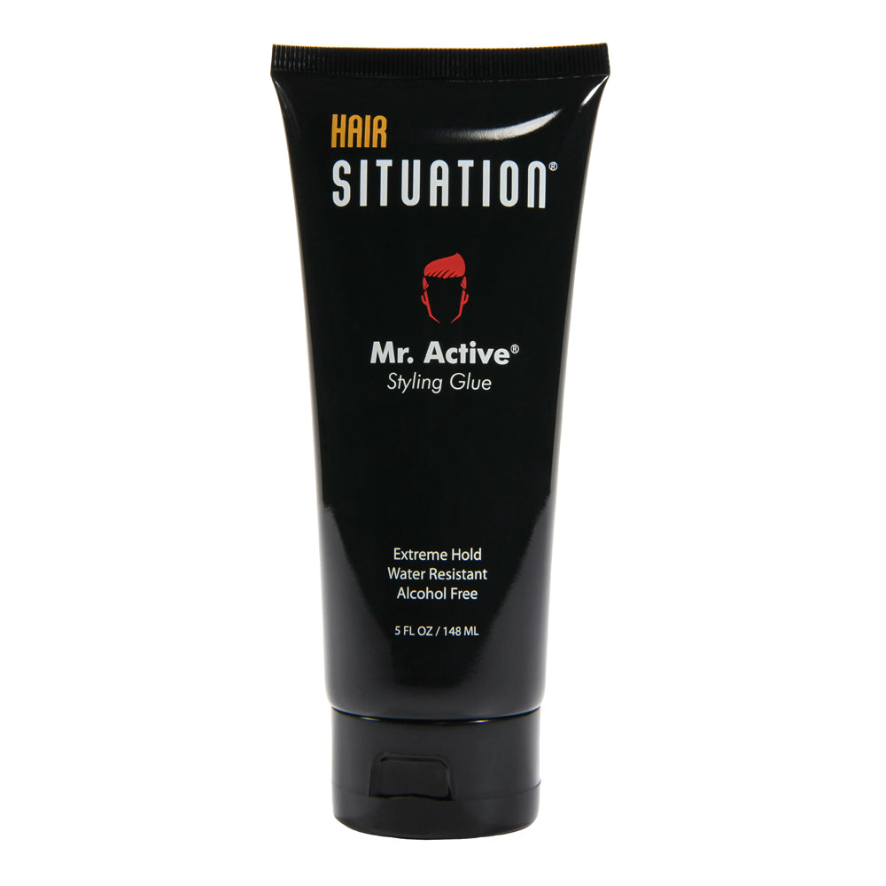 Mr. Active styling glue front label showing extreme hold water-resistant alcohol-free formula for men