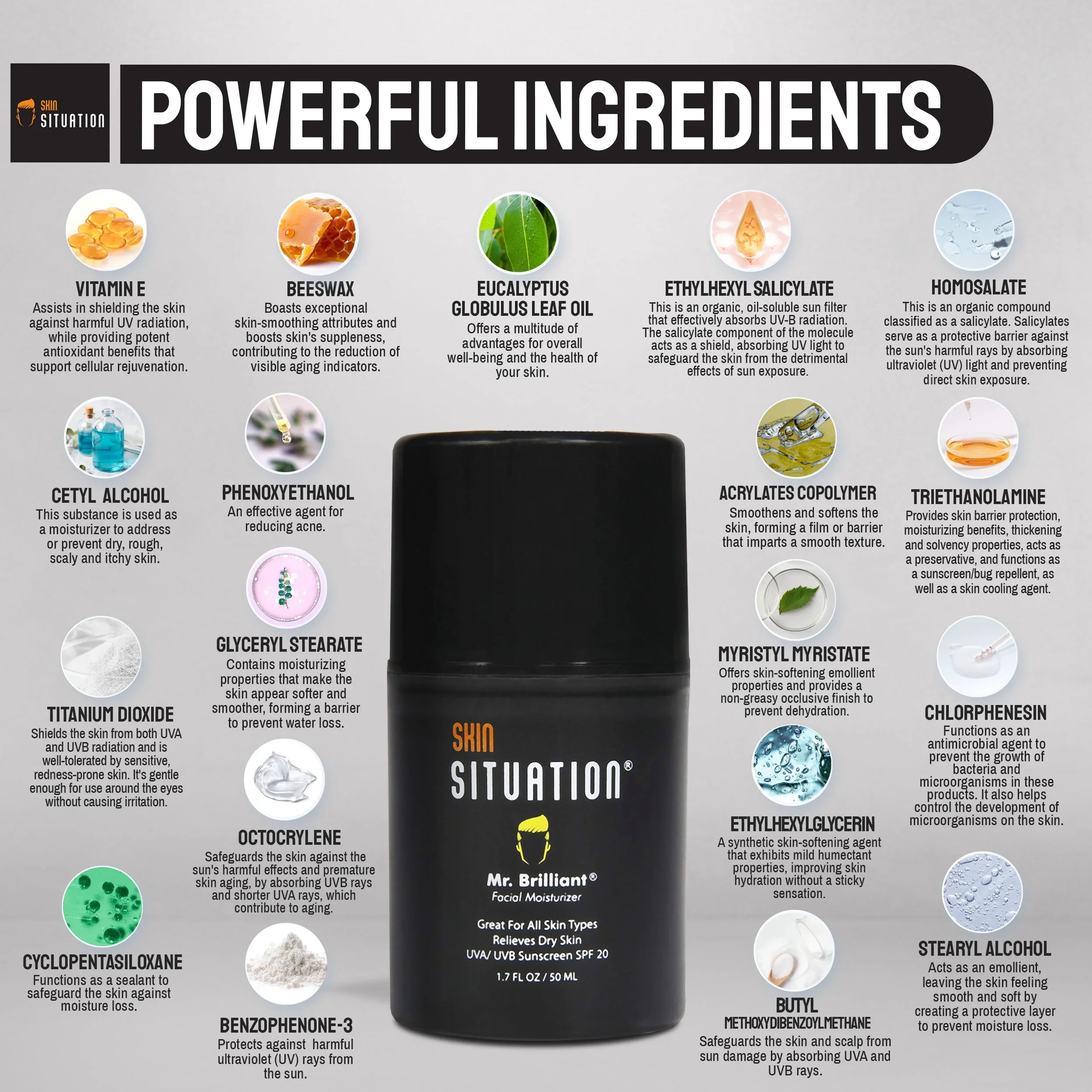 Mr. Brilliant facial moisturizer bottle showing key skincare ingredients vitamins minerals SPF 20