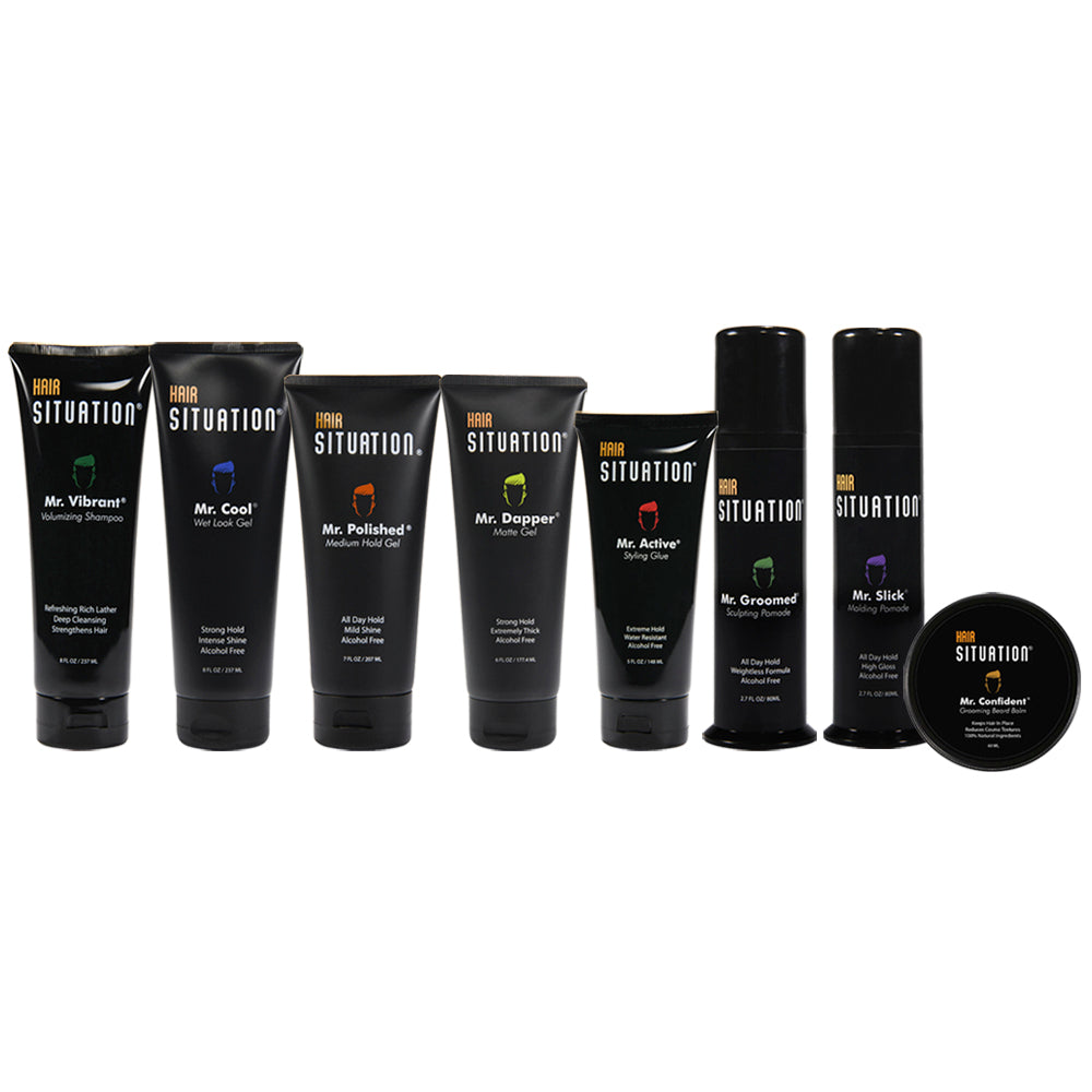 Hair Situation hair styling products for men full collection including gels pomades shampoo and beard balm