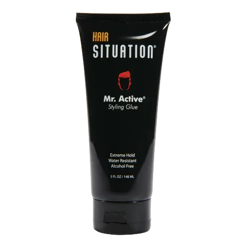 Mr. Active styling glue tube for men by Hair Situation showing extreme hold water-resistant formula