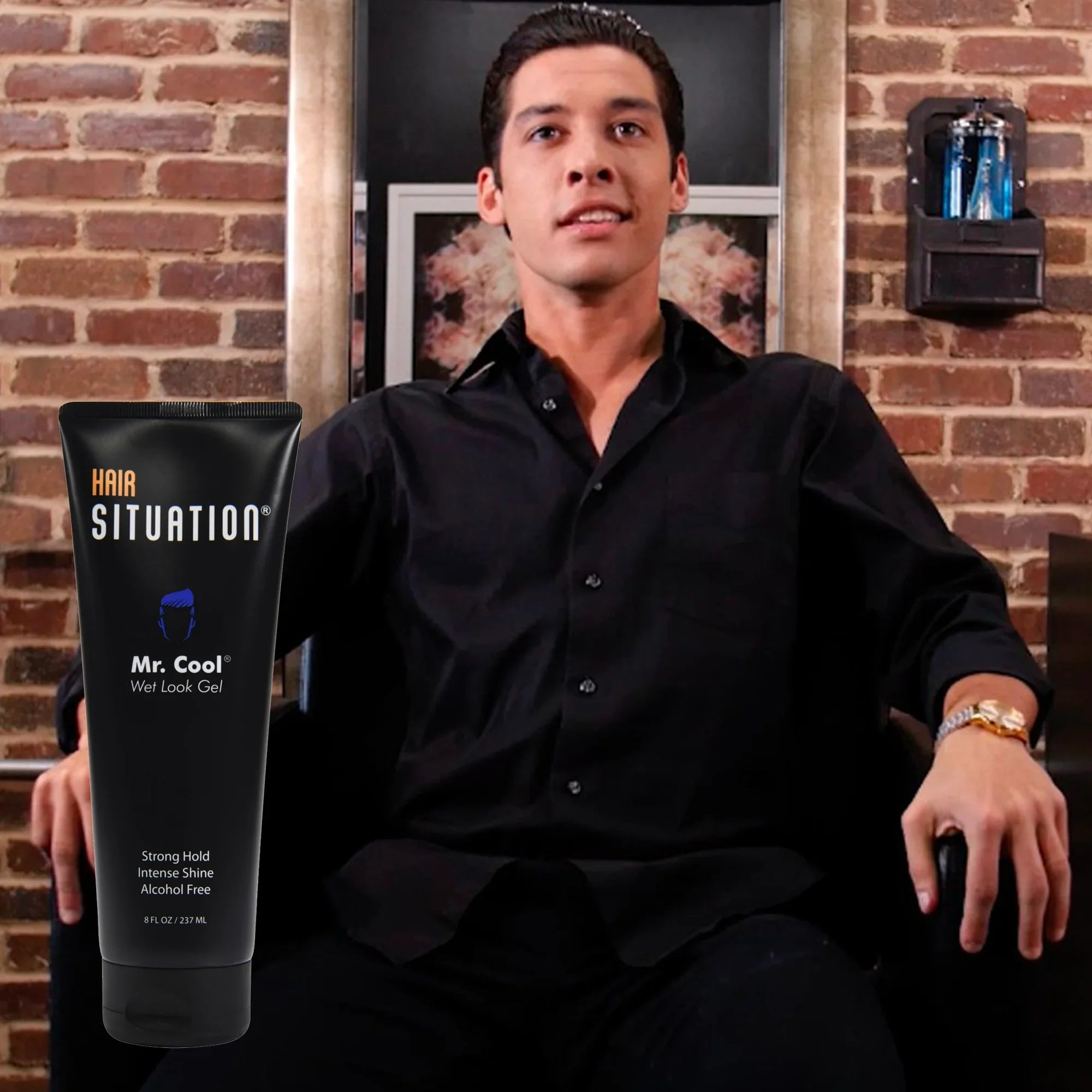 Man with slicked wet look hairstyle styled using Mr. Cool hair gel for men
