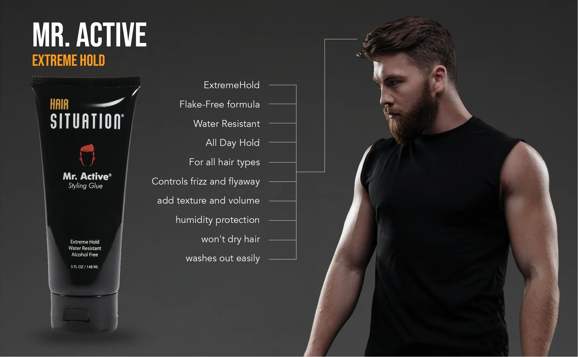 Man with perfectly styled hair next to Hair Situation Mr. Active styling glue showing all-day hold results