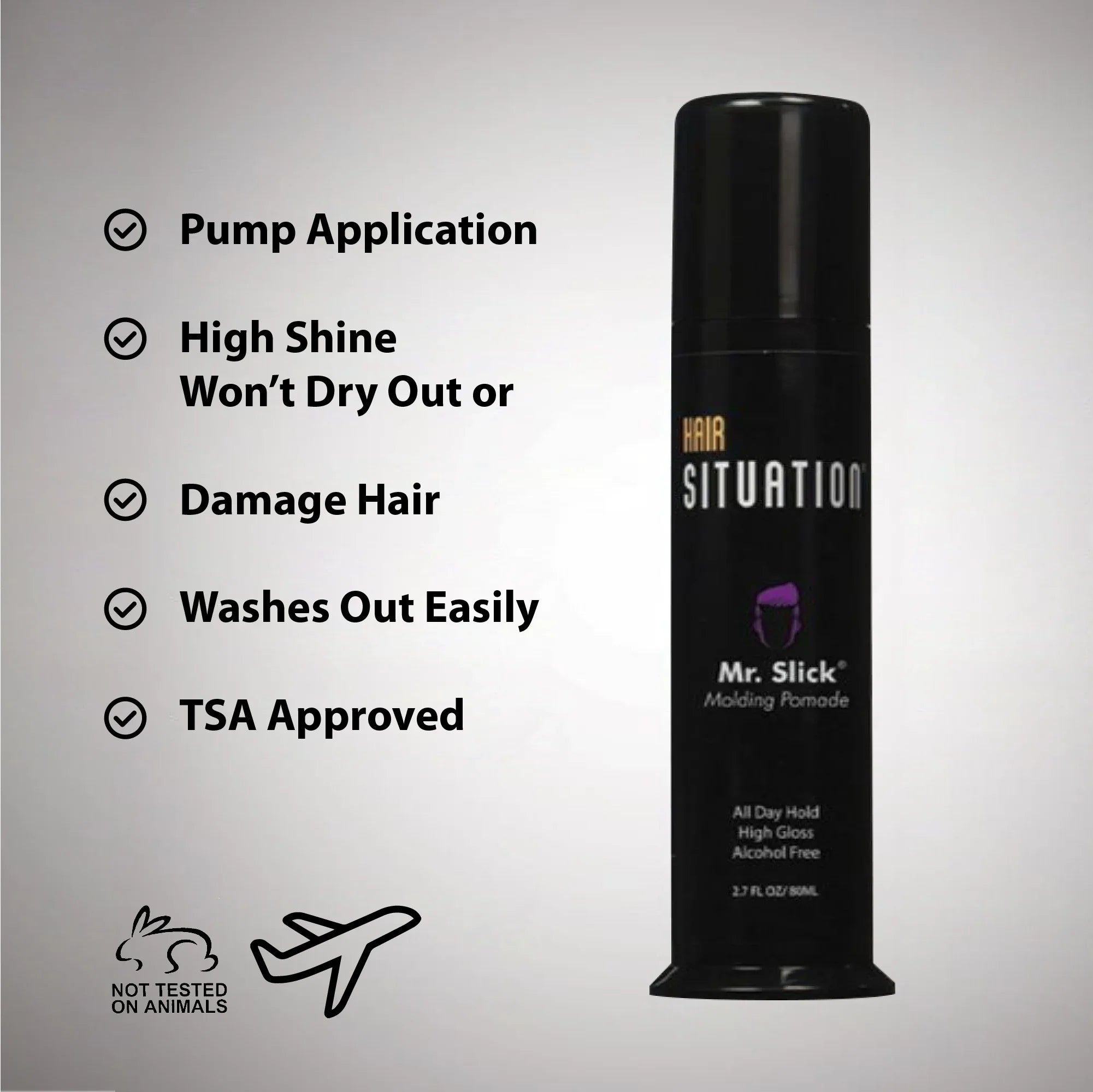 Mr. Slick molding pomade bottle with product benefits showing high shine flexible hold for men's slicked back hairstyle