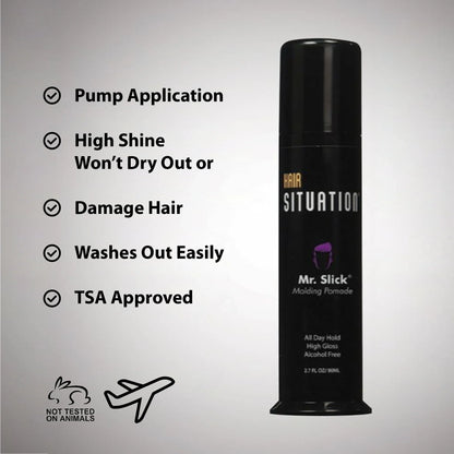 Men’s Mr. Slick molding pomade bottle with product benefits