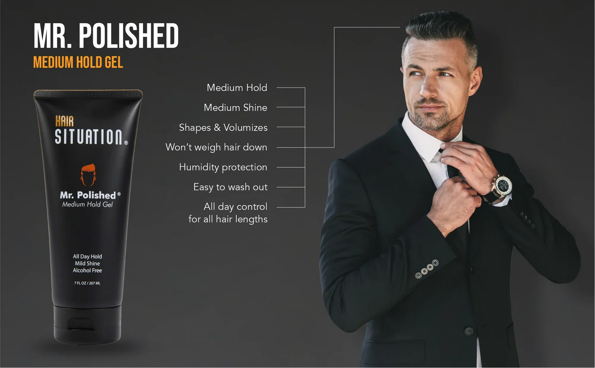 Men's medium hold hair gel product with well-groomed man