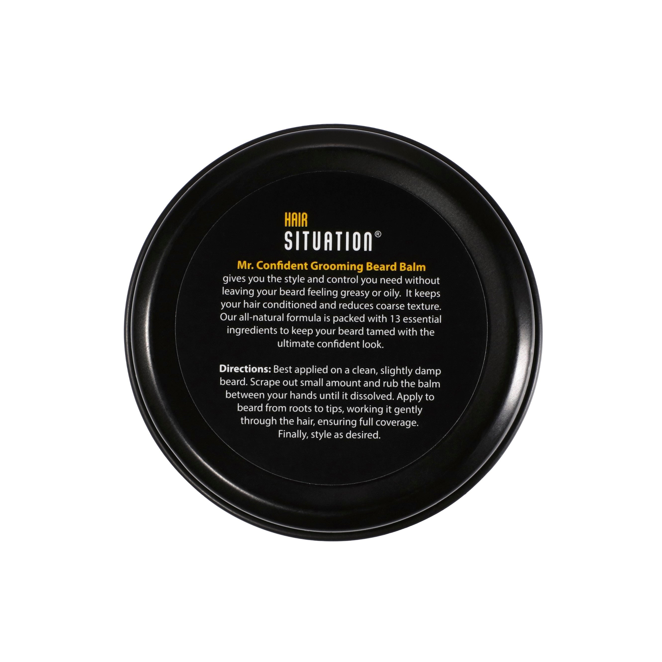 Mr. Confident all natural beard balm for men showing full product and ingredient highlights