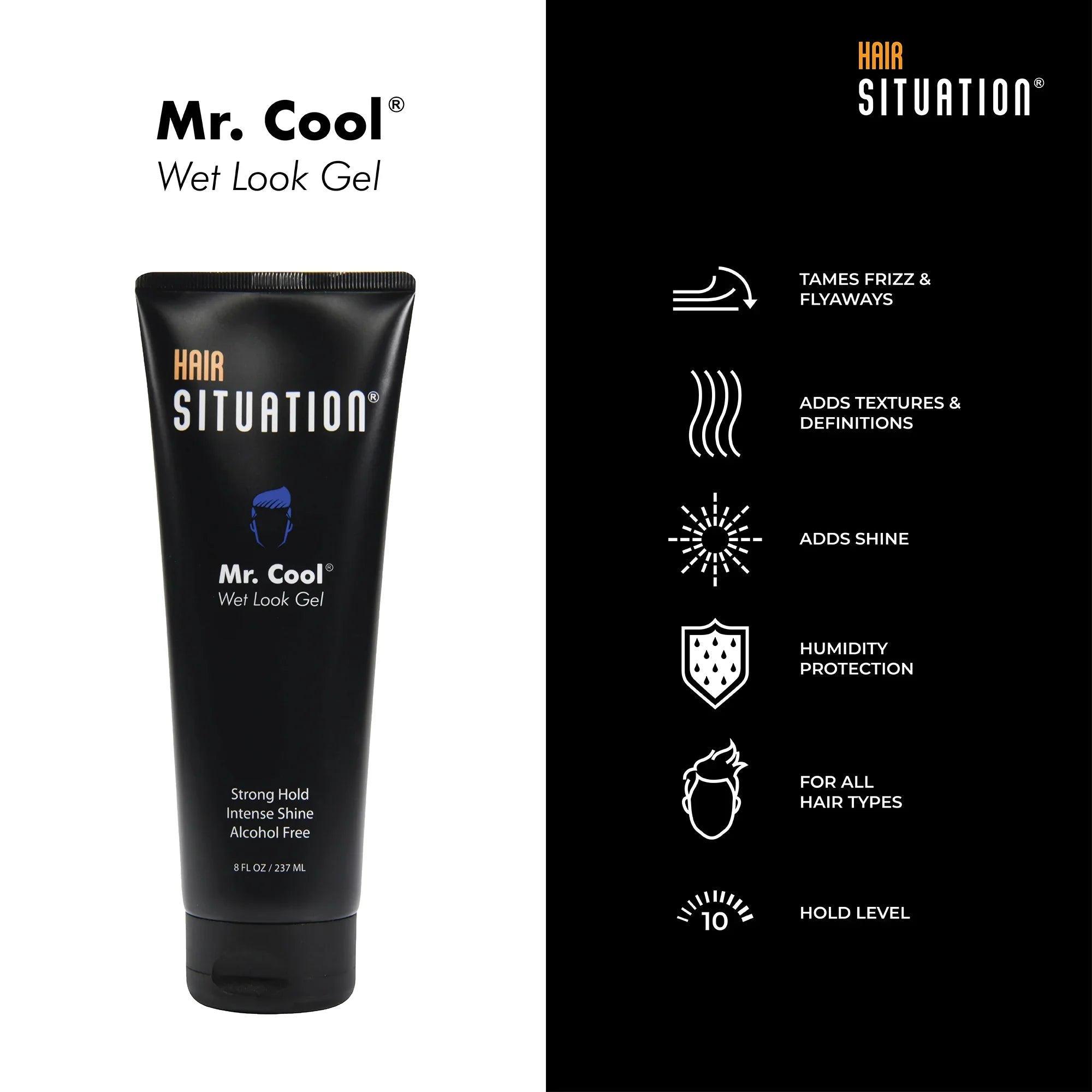 Mr. Cool wet look hair gel for men strong hold high shine alcohol-free anti-humidity formula