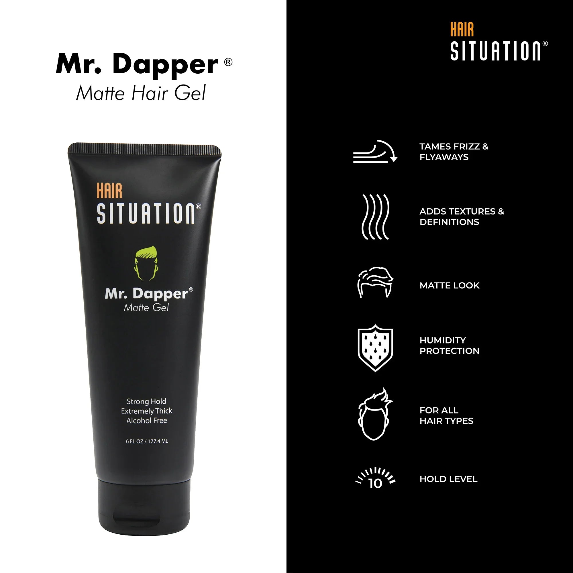 Mr. Dapper matte hair gel white background product shot showing alcohol-free vitamin B B3 B5 B6 E formula