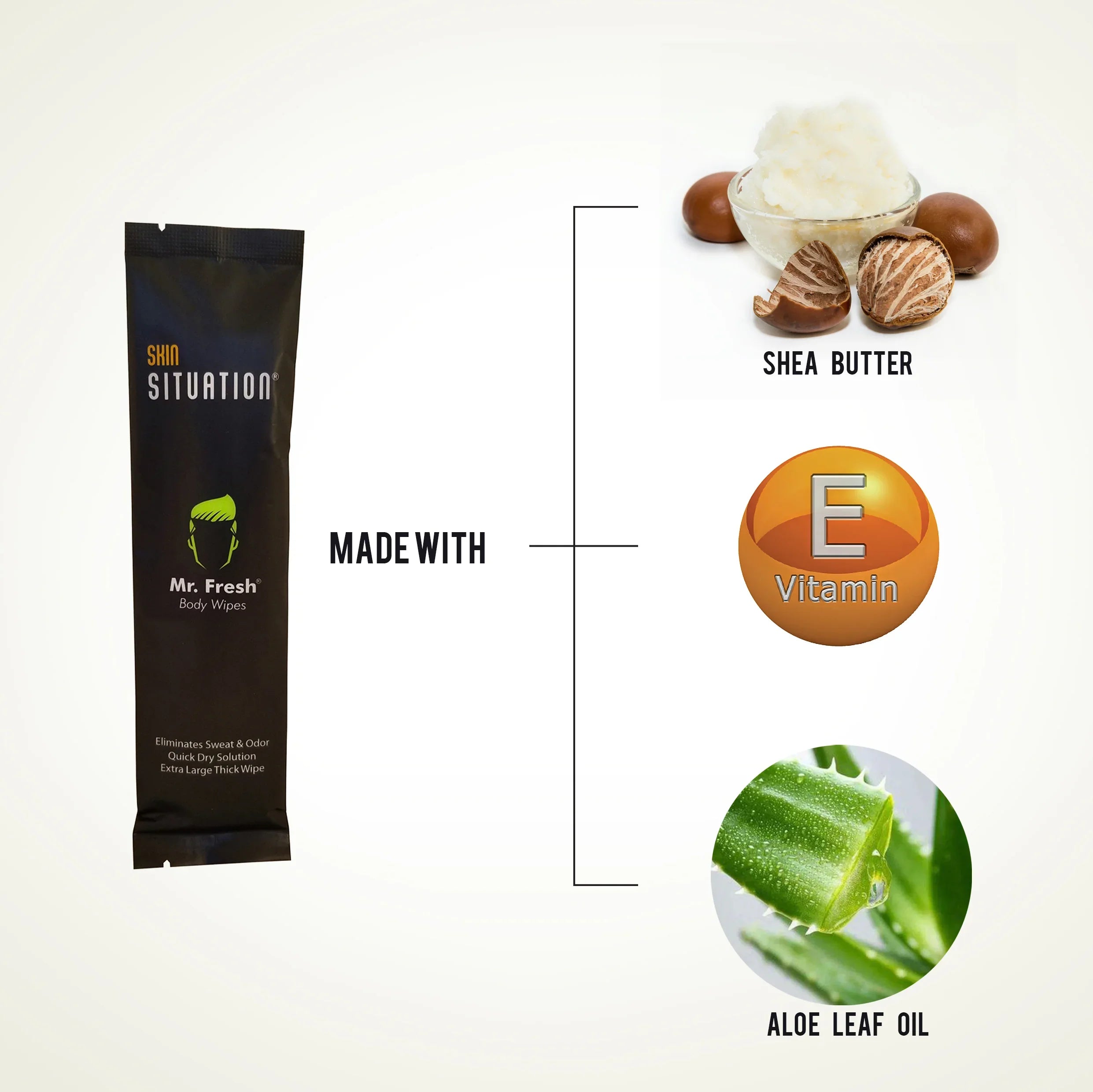 Mr. Fresh body wipes showing Shea Butter Vitamin E and Aloe Vera leaf oil key ingredients for men