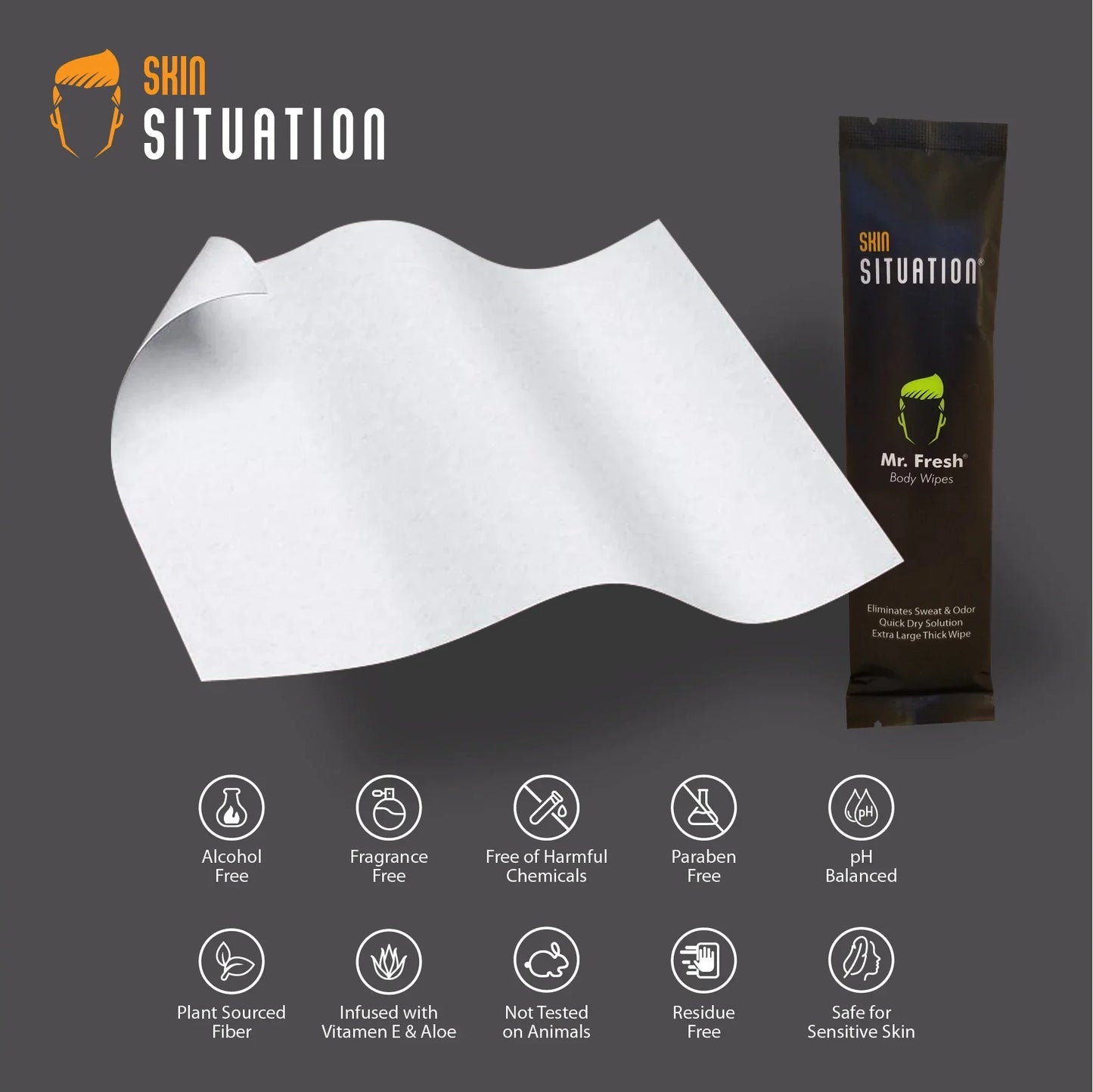 Mr. Fresh body wipes package and unfolded wipe