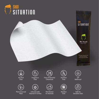 Mr. Fresh body wipes package and unfolded wipe