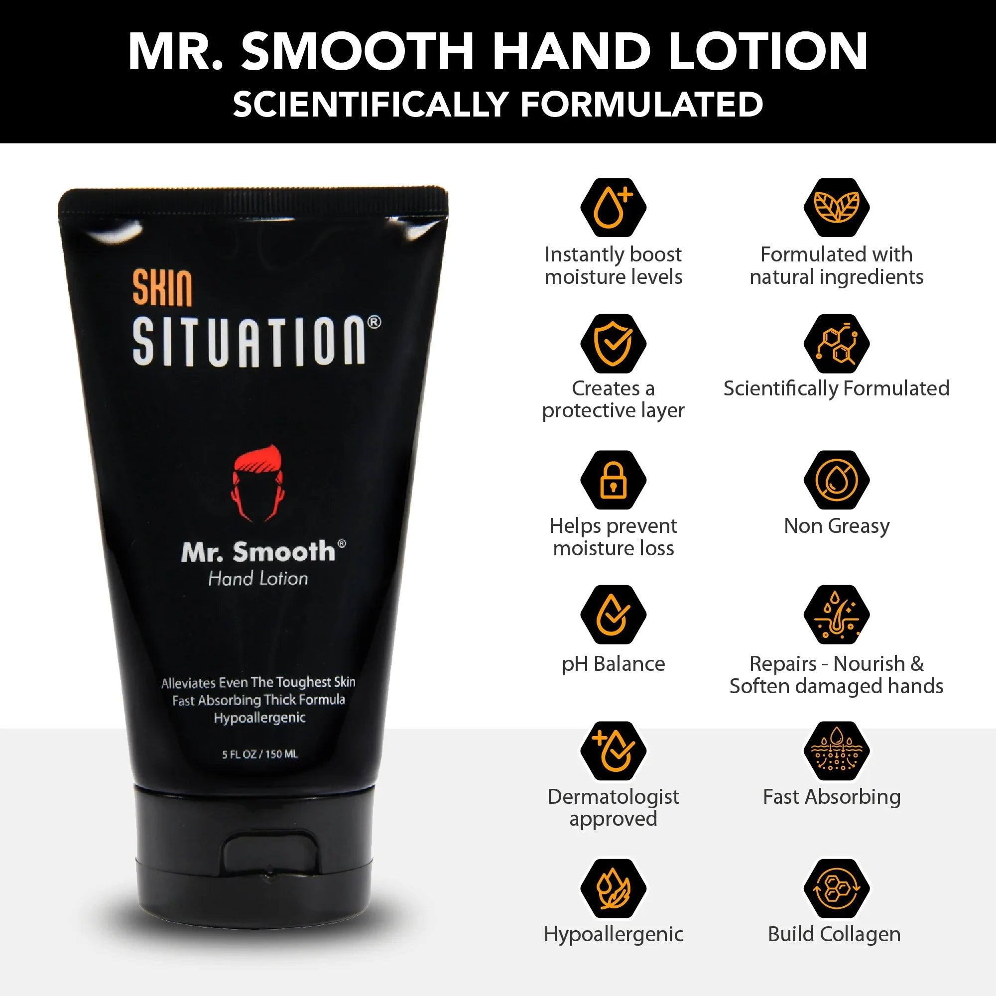 Mr. Smooth hand lotion tube for men showing key benefits fast-absorbing balanced pH daily use