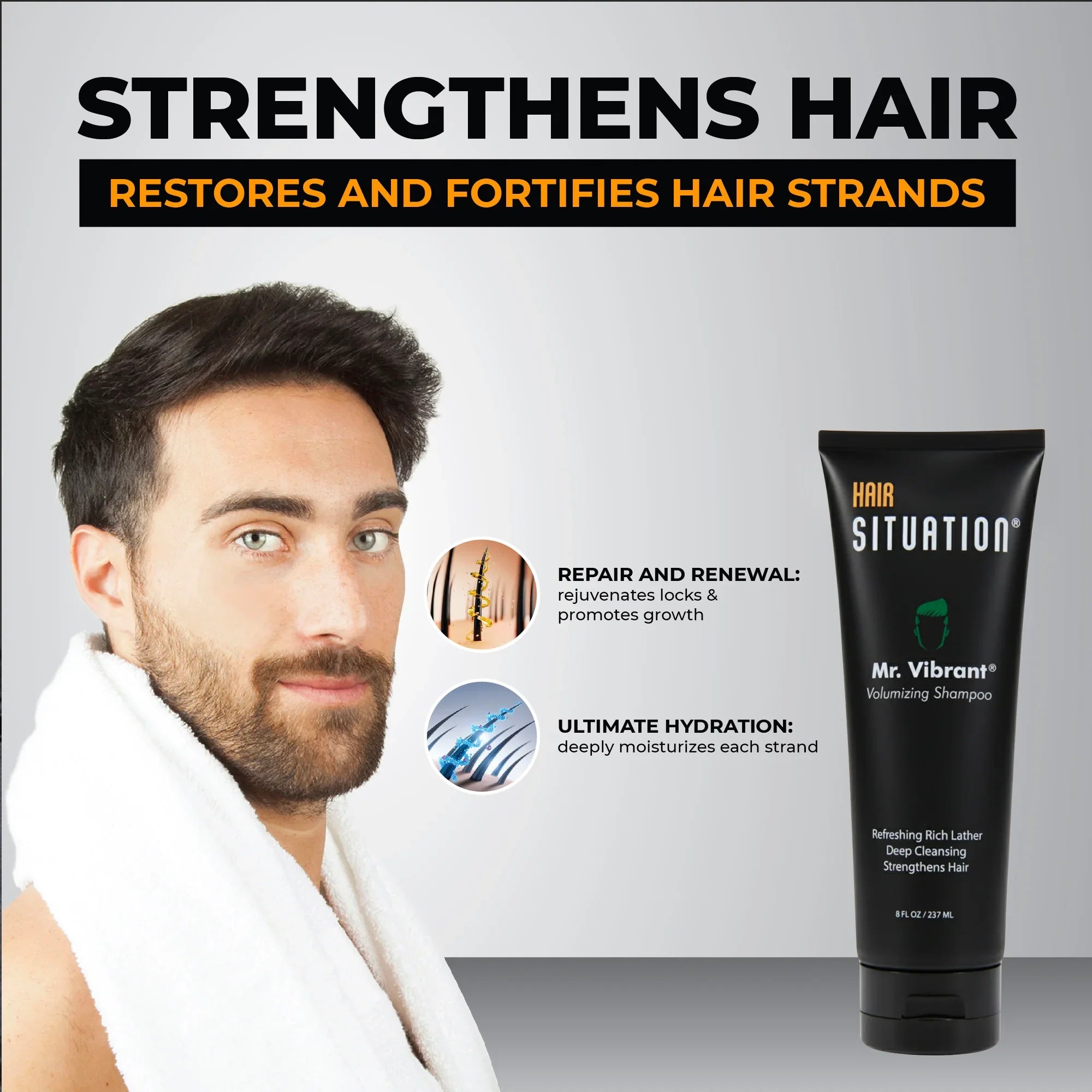 Mr. Vibrant volumizing shampoo benefits showing Biotin Caffeine Argan Oil thicker fuller hair for men