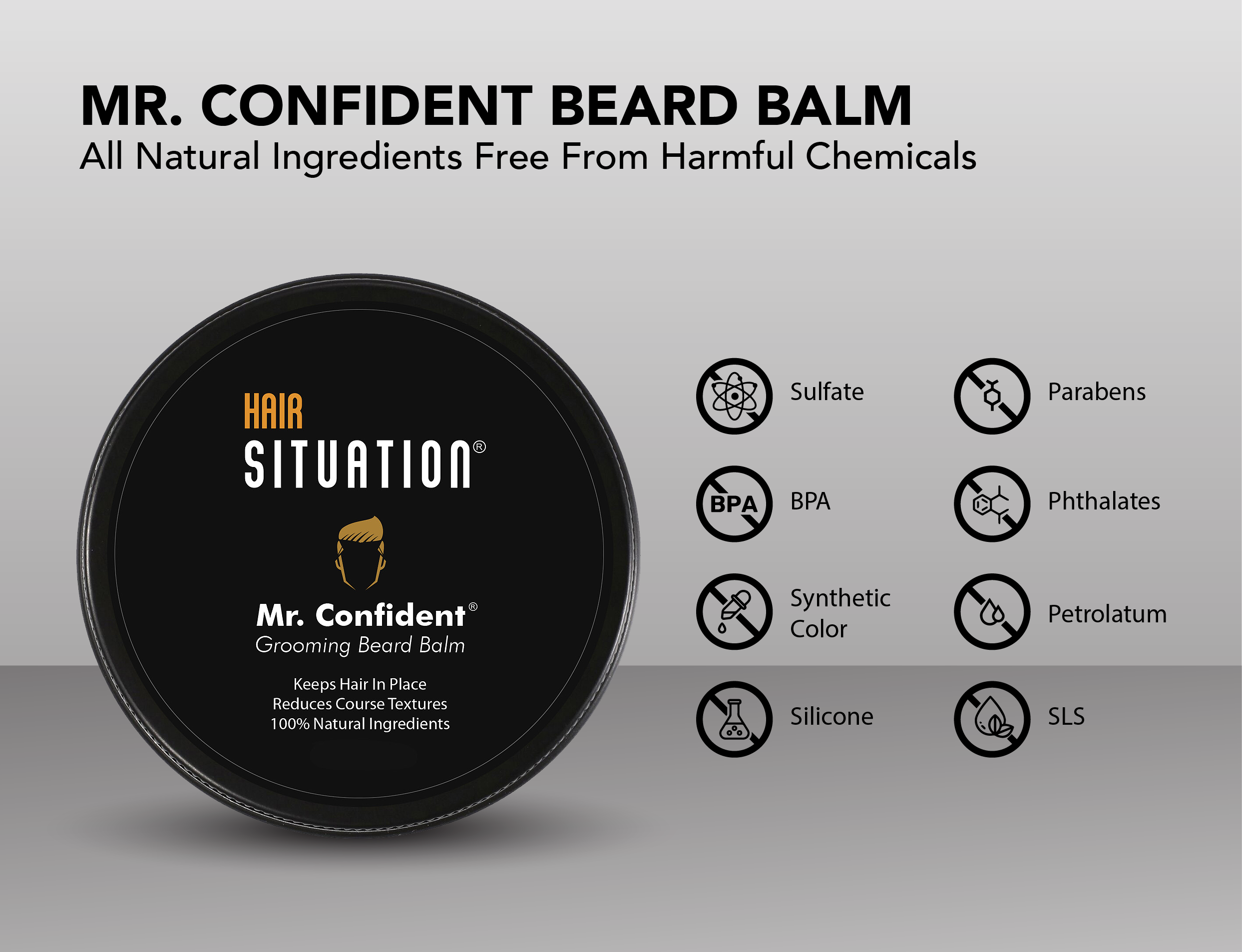 Mr. Confident beard balm marketing slide showing natural beard balm benefits for men