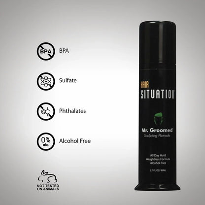Black Mr. Groomed Sculpting Pomade tube with claims