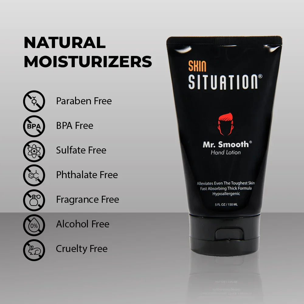 Mr. Smooth hand lotion for men showing natural paraben-free cruelty-free moisturizer claims