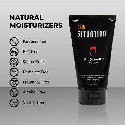 Mr. Smooth hand lotion tube with natural, paraben free, and cruelty free moisturizer claims