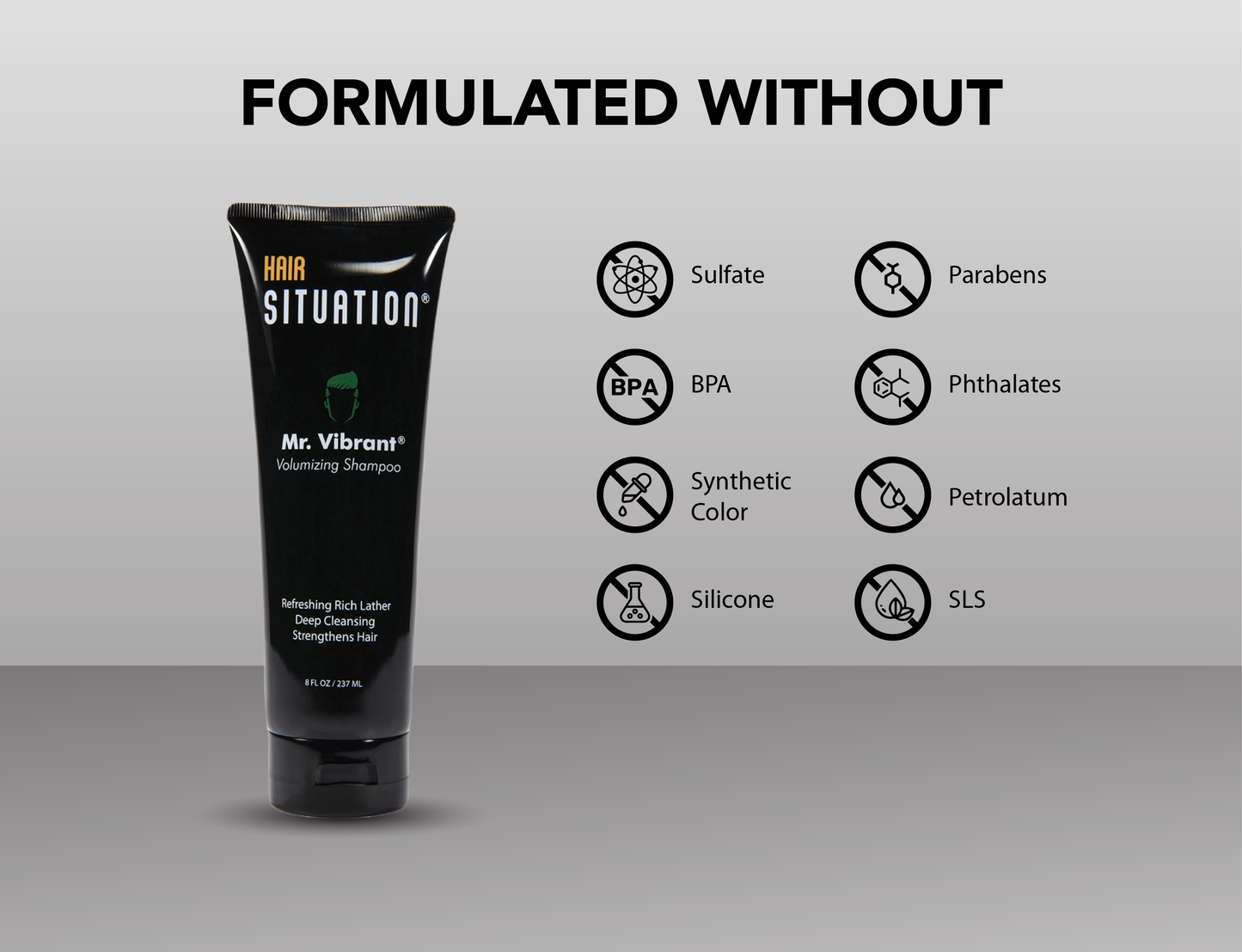 Volumizing shampoo tube with icons showing sulfate-free, paraben-free, and clean formula.