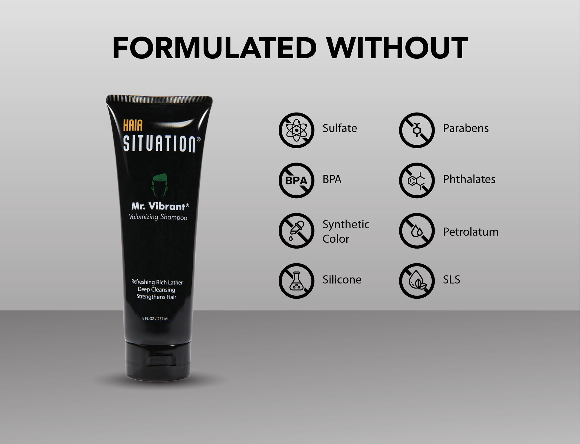 Volumizing shampoo tube with icons showing sulfate-free, paraben-free, and clean formula.