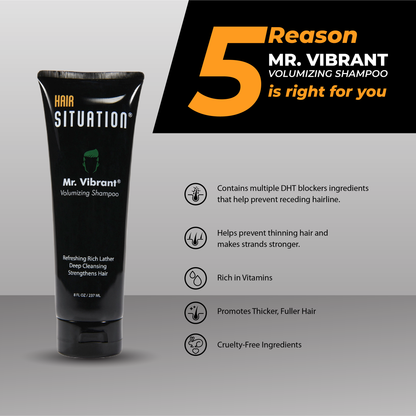 Mr. Vibrant Volumizing Shampoo tube with key benefits for men's hair care and grooming.