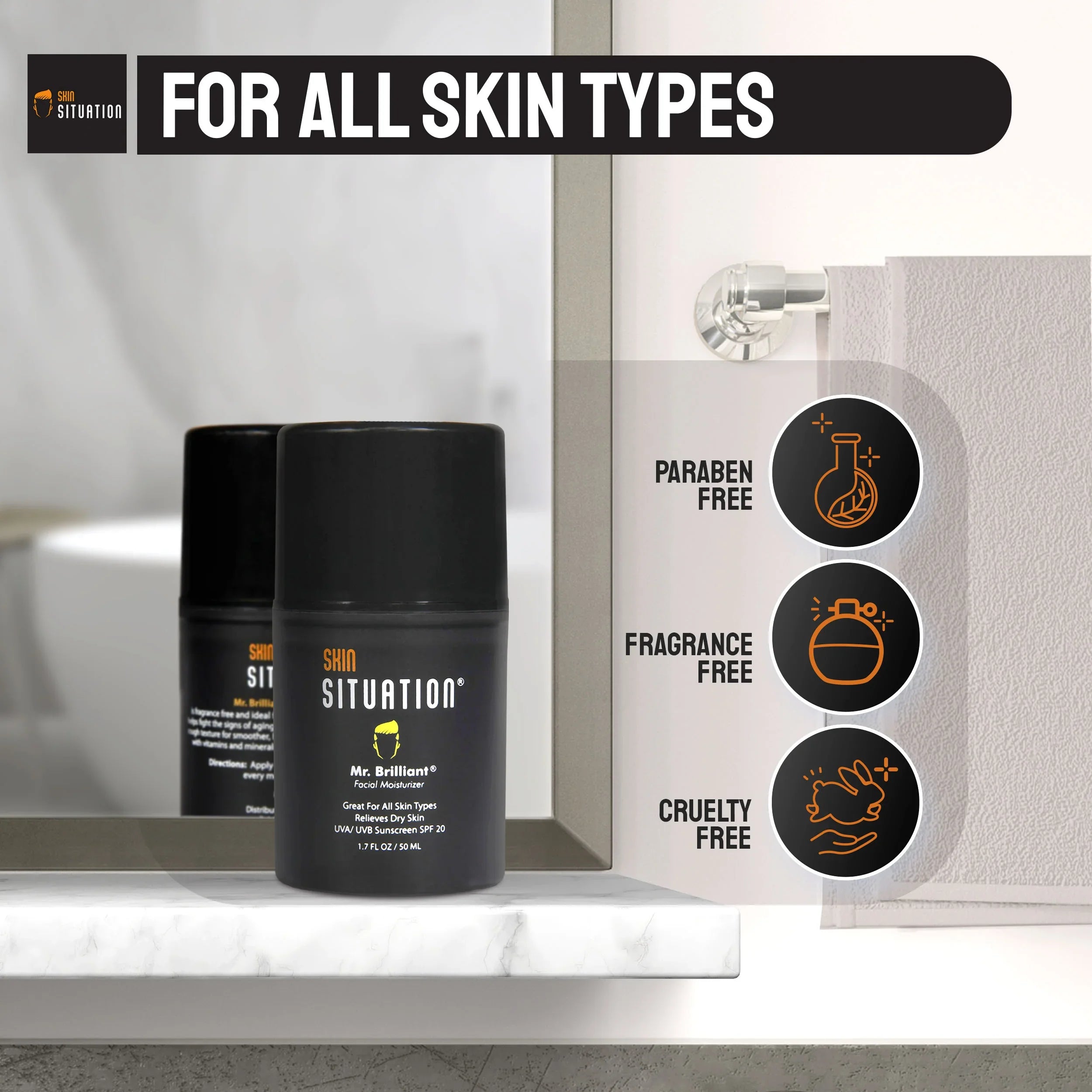 Mr. Brilliant face moisturizer for men on bathroom counter paraben-free fragrance-free cruelty-free all skin types