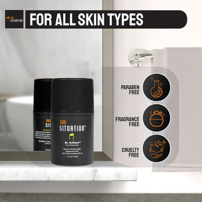 Skin Situation Mr. Brilliant face moisturizer for all skin types, paraben free, fragrance free, cruelty free, on bathroom counter.