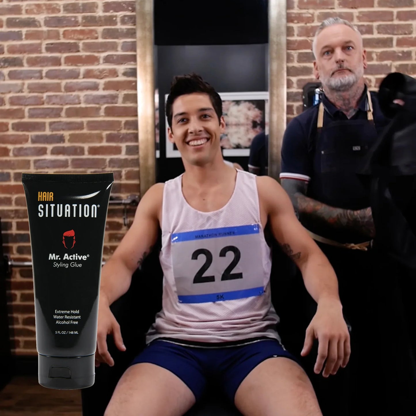 Smiling male athlete in sportswear sitting in salon