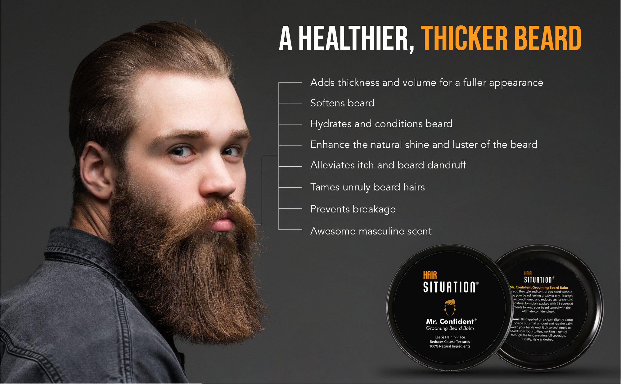 Mr. Confident all natural beard balm for men showing full product and all natural ingredient highlights