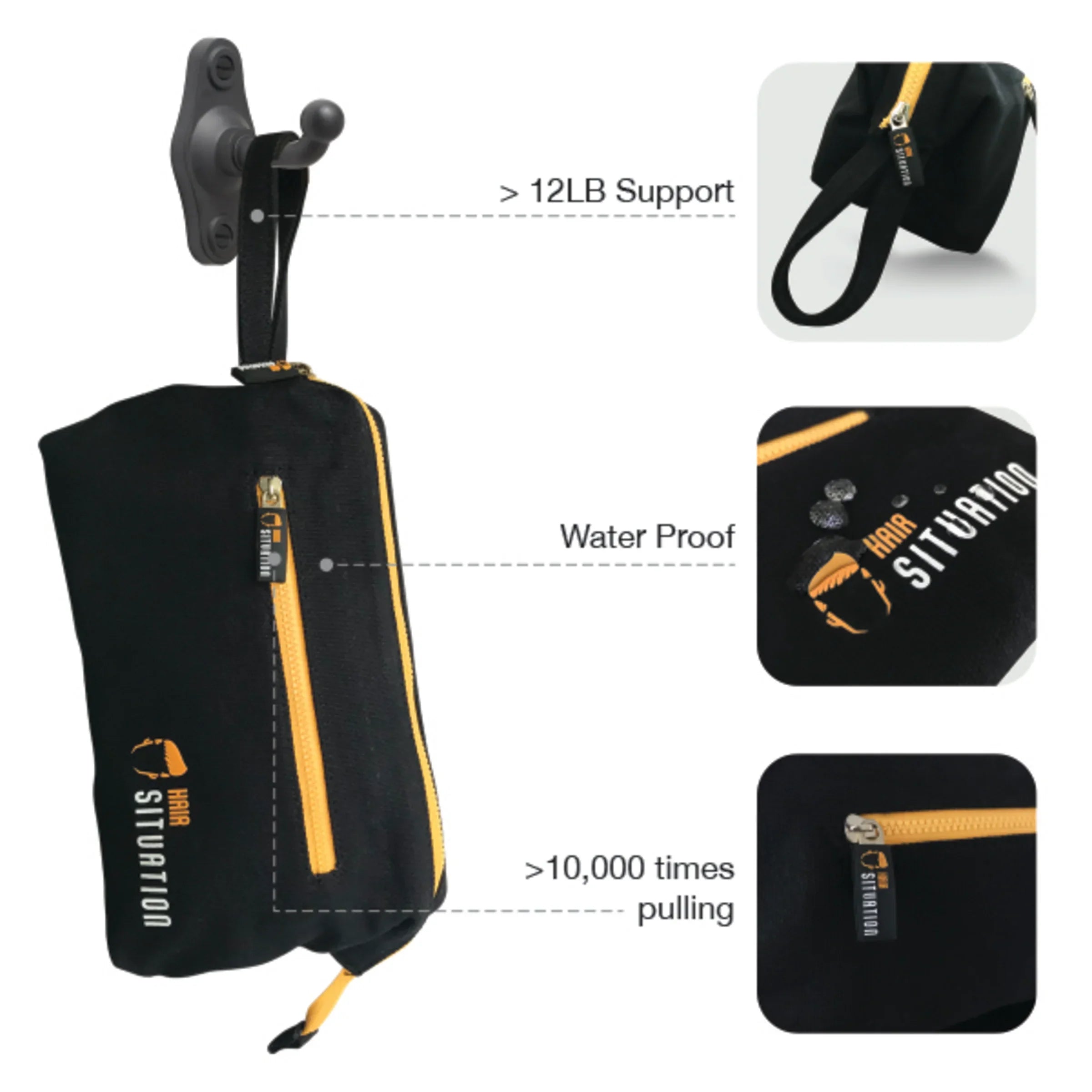 Black waterproof toiletry bag for men showing durable shell and side pocket