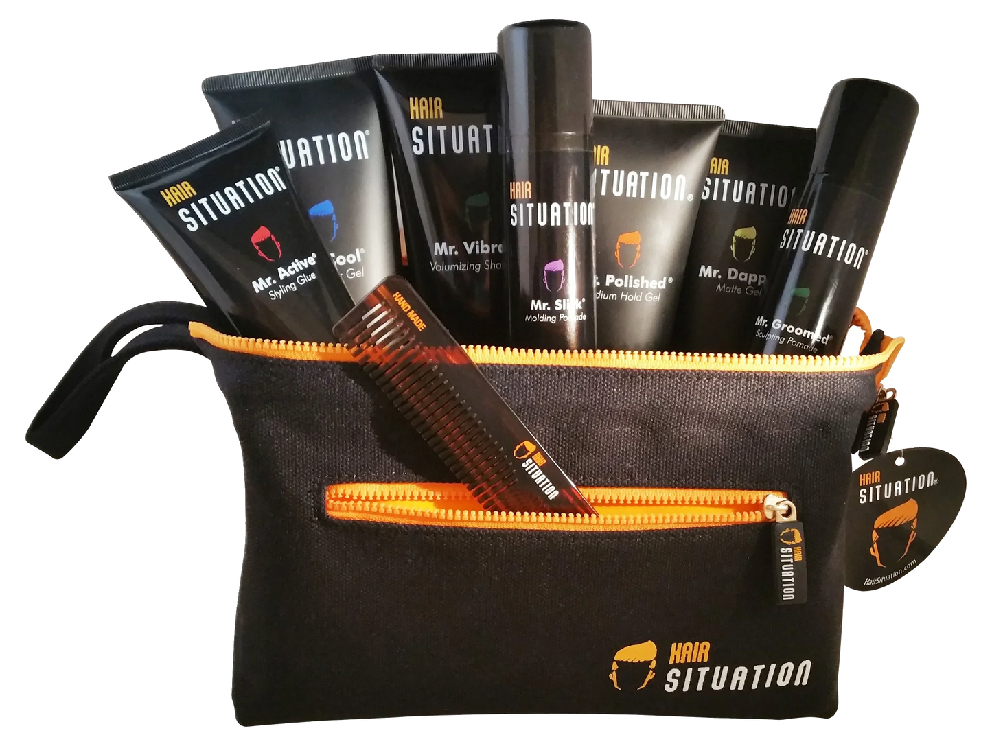 Men's grooming kit with hair styling products and comb in a black zipper bag