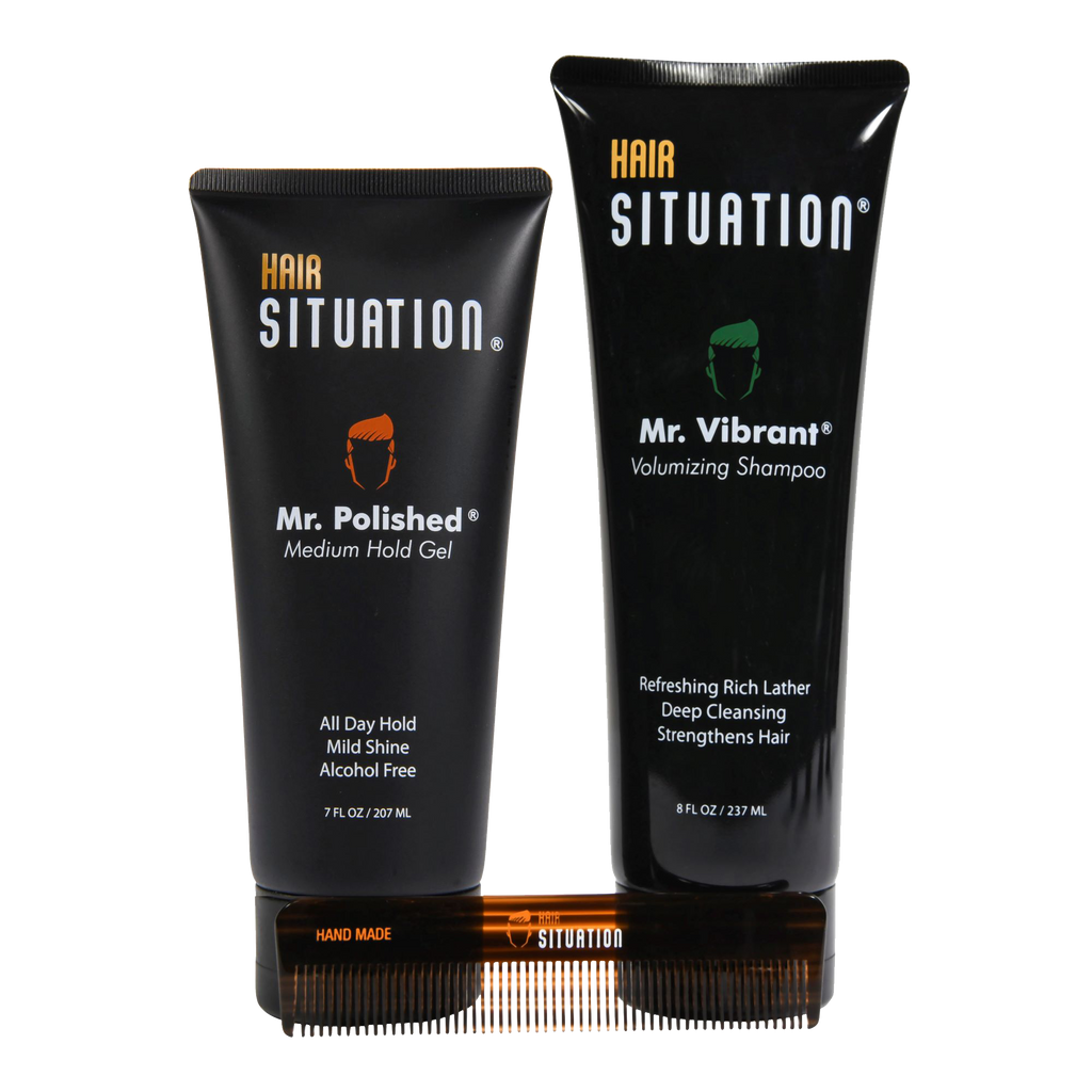 Mr. Polished Medium Hold Gel, Mr. Vibrant Volumizing Shampoo & Pocket size Comb