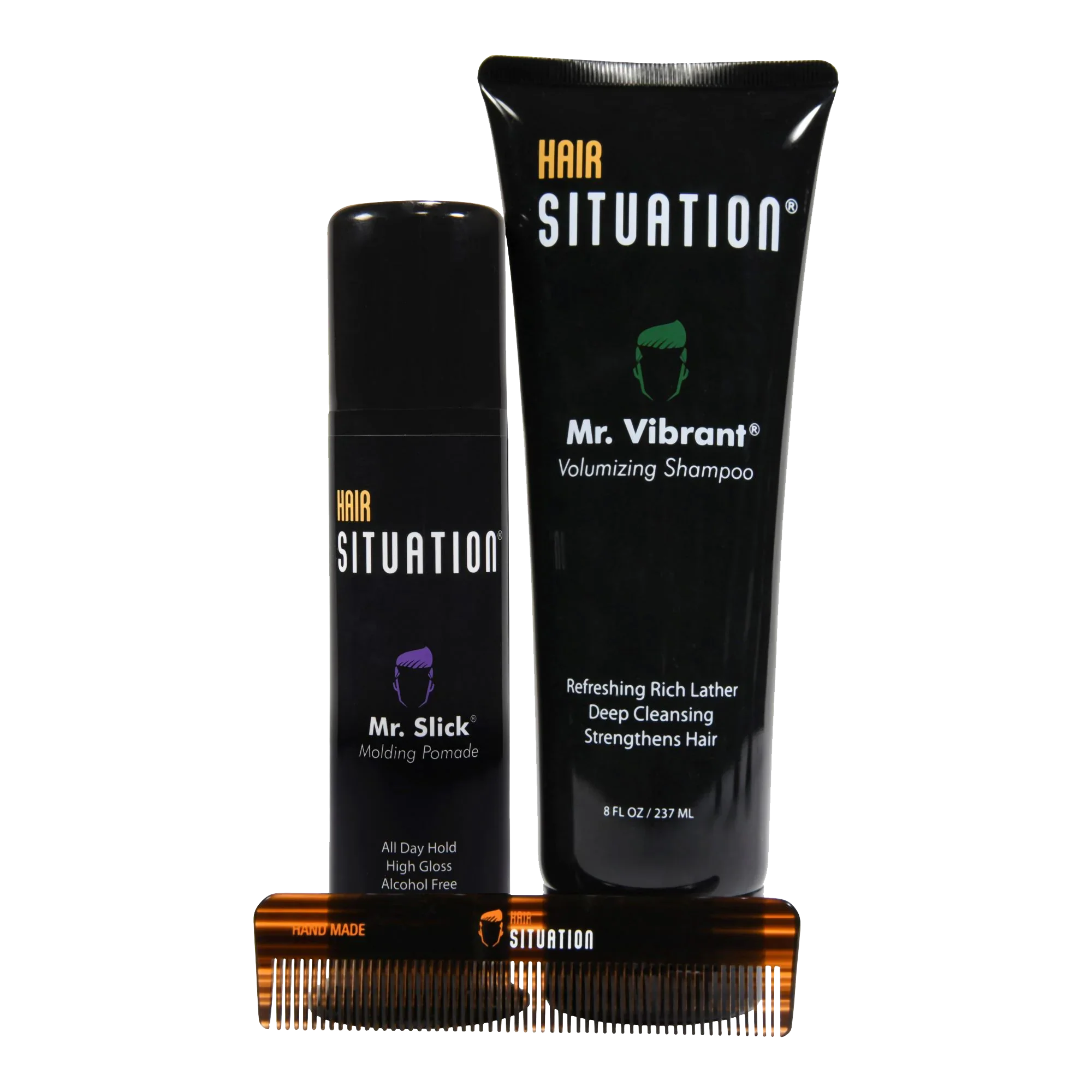 Hair Situation molding pomade shampoo and comb set - Mr. Slick pomade Mr. Vibrant shampoo handmade comb bundle
