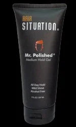 Black tube of Mr. Polished medium hold hair gel with mild shine and alcohol free label