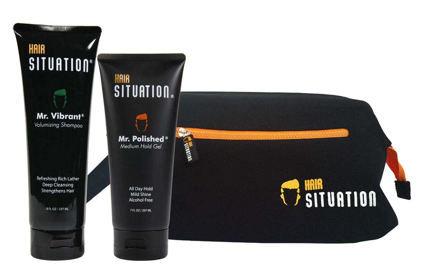 Men’s grooming kit with volumizing shampoo, medium hold gel, and black toiletry bag with orange zipper