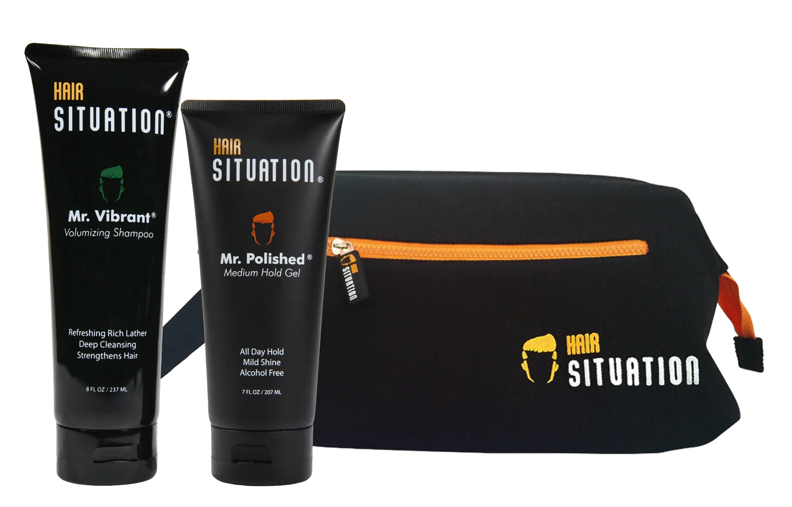 Men’s grooming kit with volumizing shampoo, medium hold gel, and black toiletry bag with orange zipper