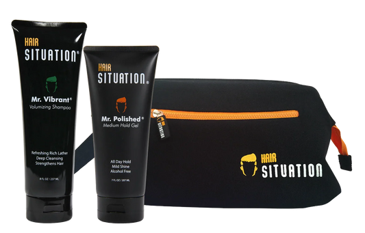 Men’s grooming kit with volumizing shampoo, medium hold gel, and black toiletry bag with orange zipper