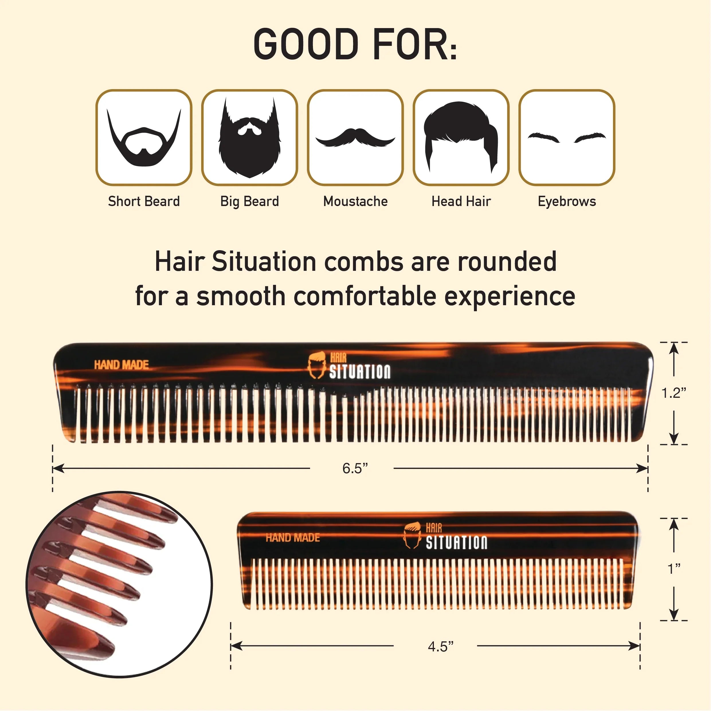 Hair Situation handmade combs for beard mustache hair and eyebrows showing size details for men