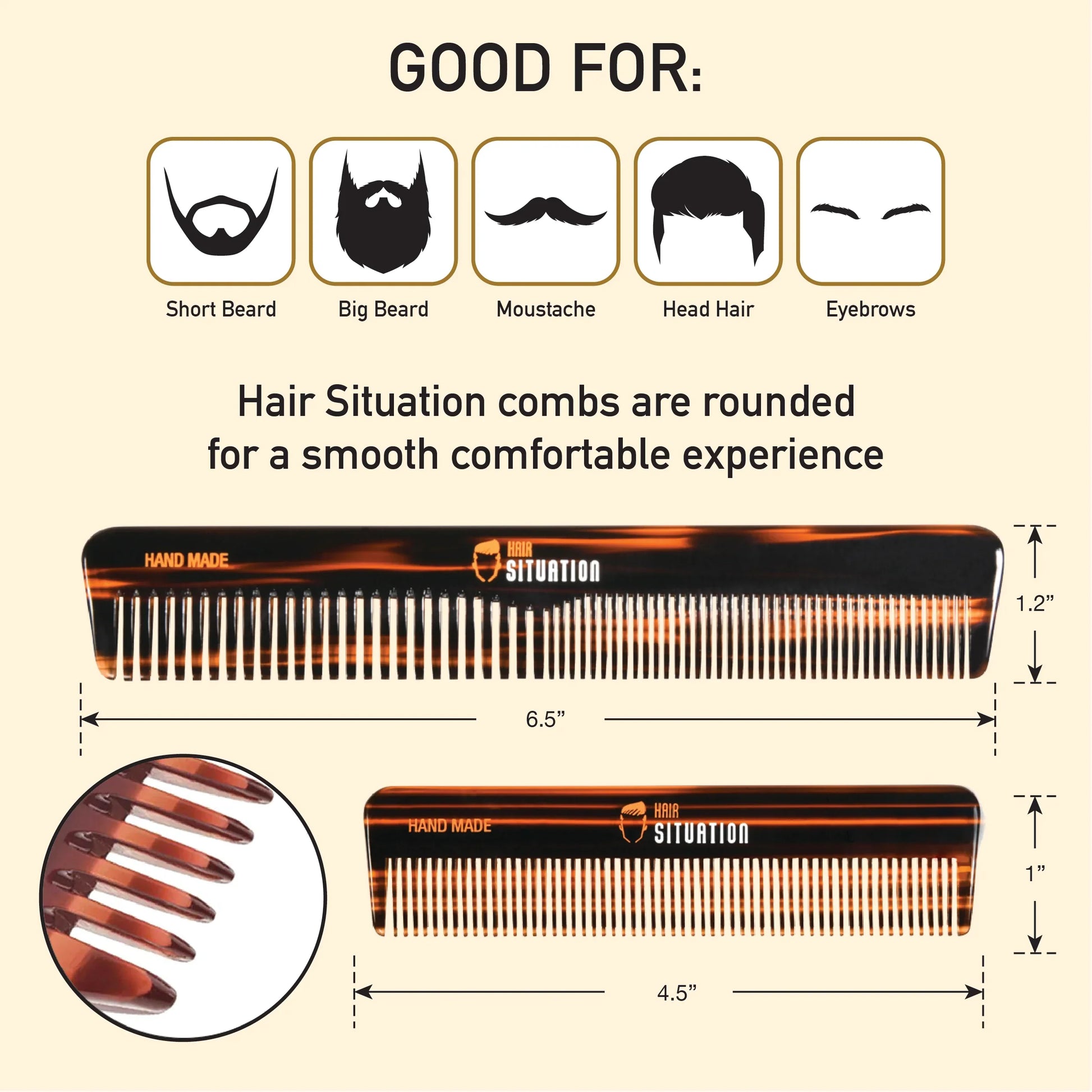 combs for beard, moustache, hair, and eyebrows with size details